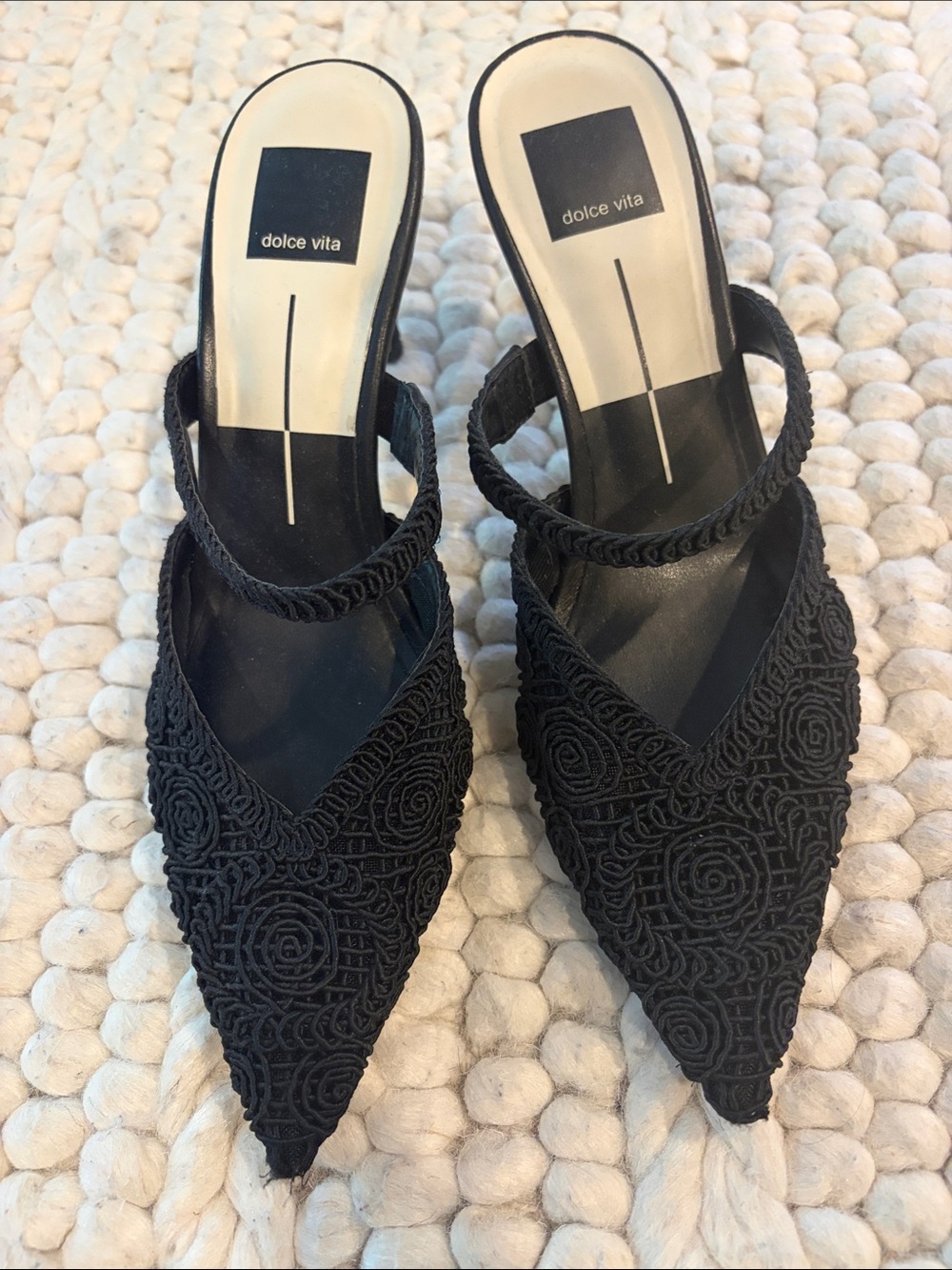 Dolce Vita Black Embroidered Pointed Toe Slingback Mules